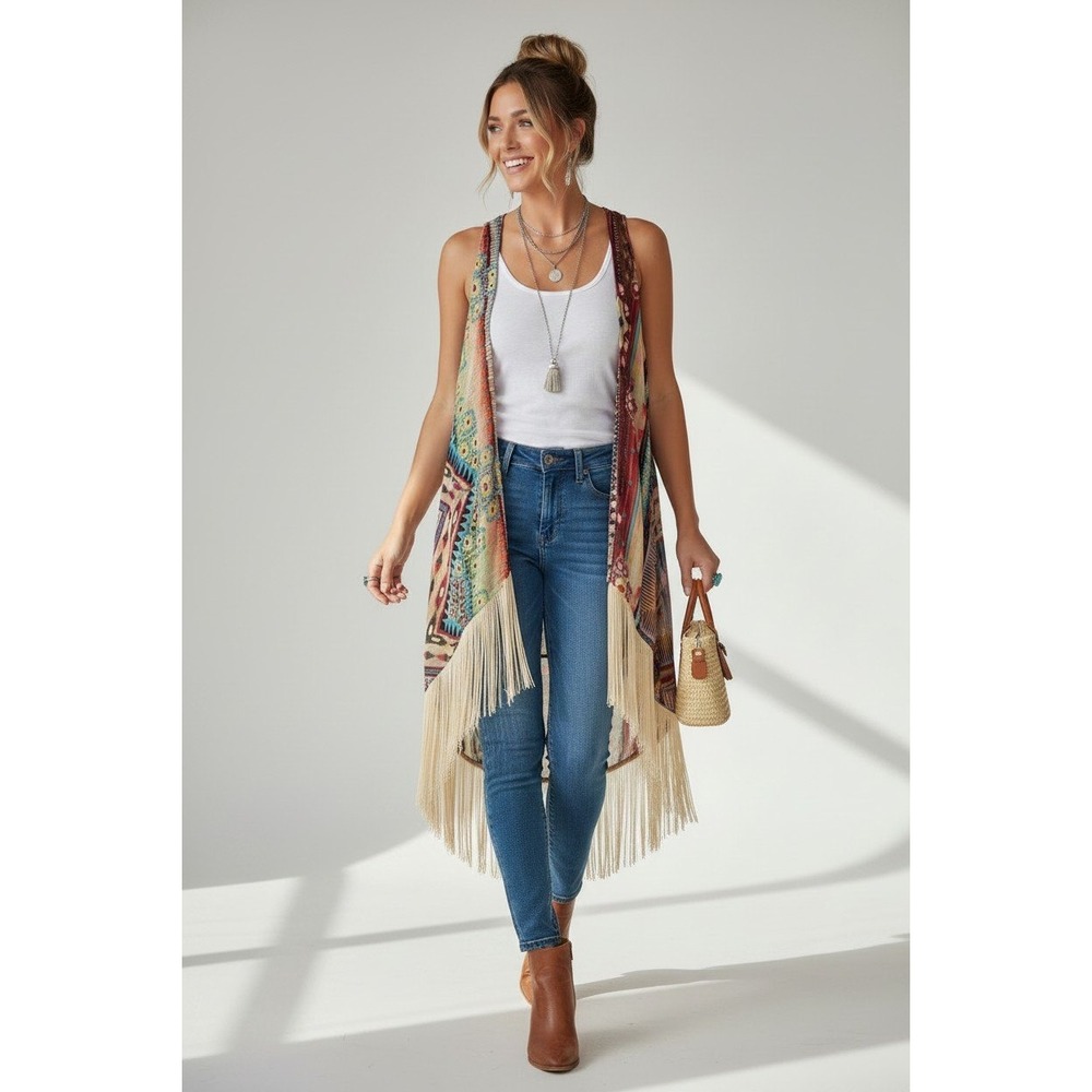 Love & Let Love Chiffon Fringe Vest Large Multicolor Aztec Boho Kimono